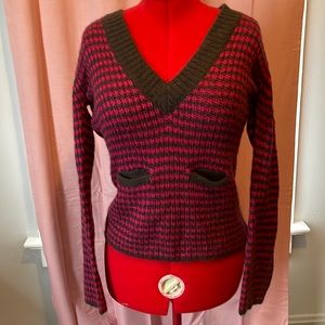 Fuchsia and charcoal v-neck sweater with pockets. Size XL.